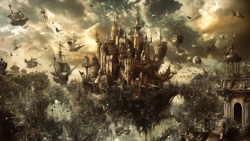 Floating fortress city with airborne ships and dense skyline.