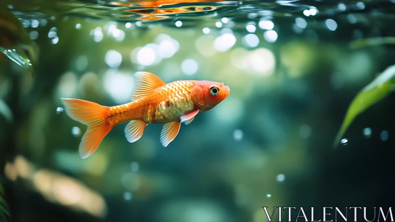 Vibrant goldfish glides through softly lit aquatic bokeh