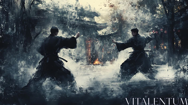 Martial duel in misty temple courtyard with dynamic brushwork.