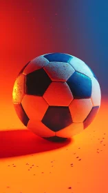 Luminous soccer ball under split red and blue lighting.