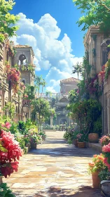 Sunny Mediterranean alley framed by lush flowering terraces