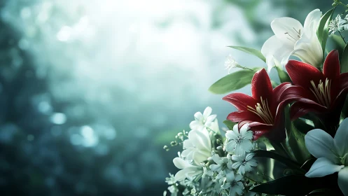 Deep Red Lilies Against Soft Bokeh Garden.