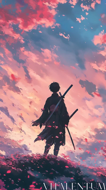 Lone swordsman gazes toward a glowing, dream swept horizon