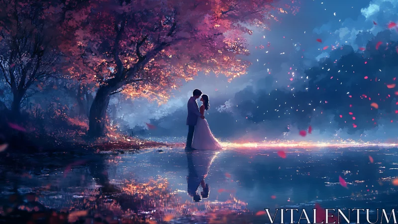 Couple kissing under luminous tree at night by water