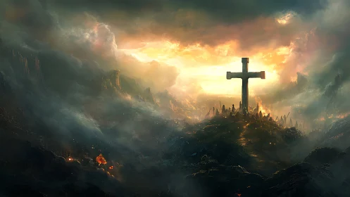 Monolithic cross on volcanic ridge under apocalyptic sky.