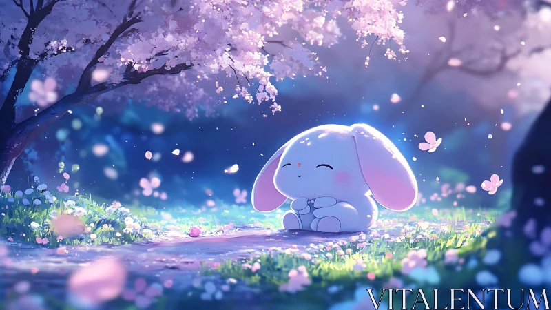 Luminous pastel bunny under volumetric cherry blossom canopy.