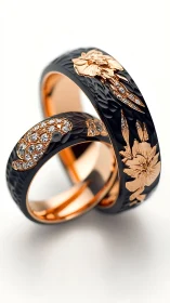 Black ceramic and rose gold floral rings with pavé diamonds