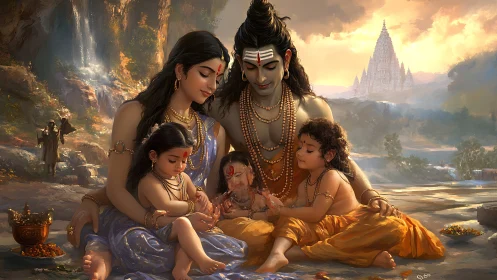 Sacred mountain family sharing sunset-lit divine tenderness.