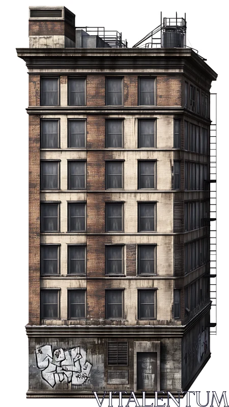 Aged urban brick midrise with graffiti-scarred facade.