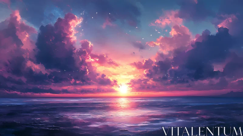 Digital seascape shows low sun, stratocumulus clouds, calm water