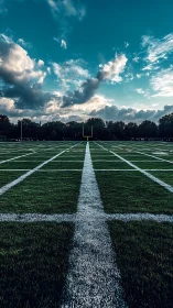 Empty football field under dramatic sunset sky perspective.