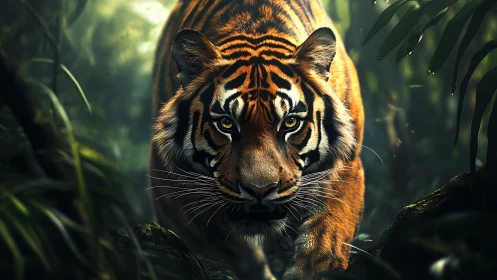 Tiger stalks through dense jungle with intense forward gaze