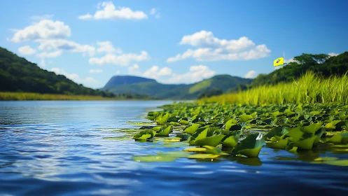 Tranquil lakeside lilies under bright blue summer skies.
