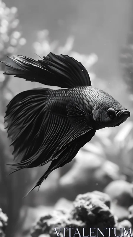Elegant black betta fish glides in a tranquil aquarium