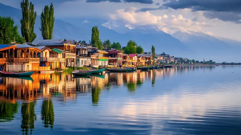 Houseboats line a calm lakeshore with mountains in background.