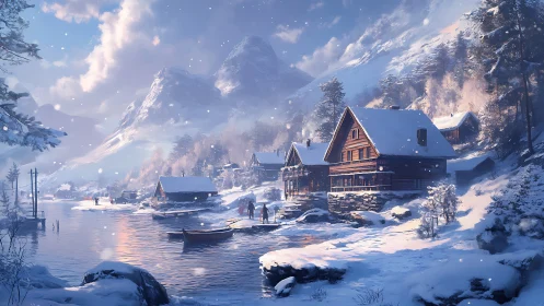 Snow-covered lakeside village with wooden cabins and mountains.