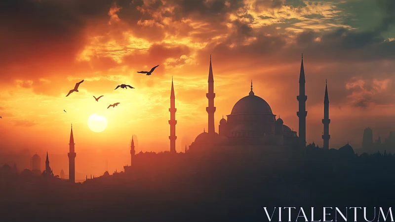 Sunset mosque silhouette with birds across sky.