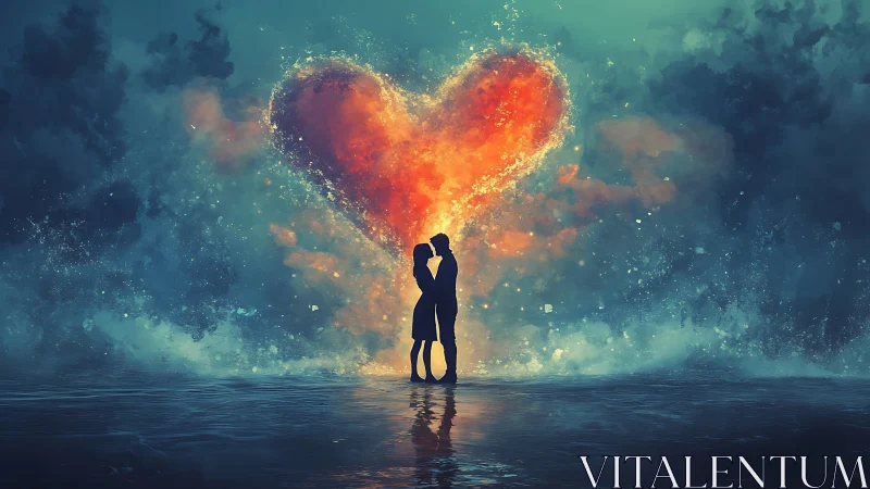 Silhouetted Couple Kissing Beneath Radiant Heart-Shaped Energy Vortex.