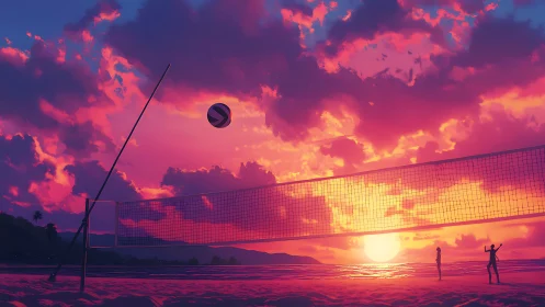 Sunset beach volleyball under candy-colored skies.