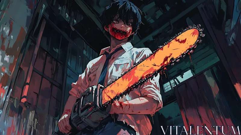 Bloodstained figure holding chainsaw in dim industrial interior.