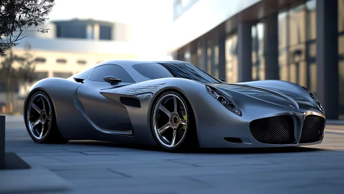 Low-slung silver supercar sits outside modern glass building