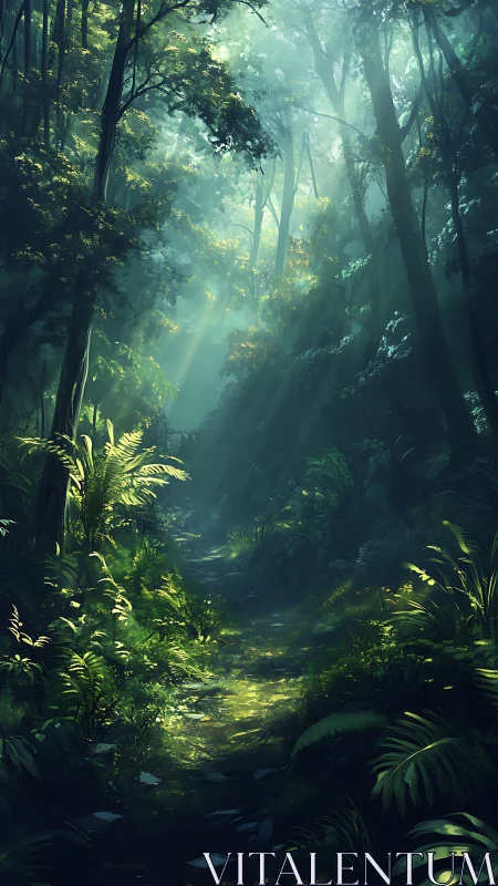Atmospheric forest corridor with volumetric light diffusion through dense canopy layers