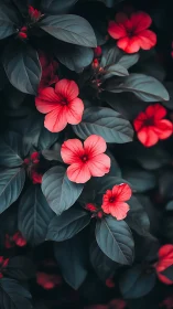 Red Flowers with Dark Foliage. Moody Botanical Macro Study.