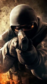 Tactical operator aiming pistol in close-quarters frontal view.