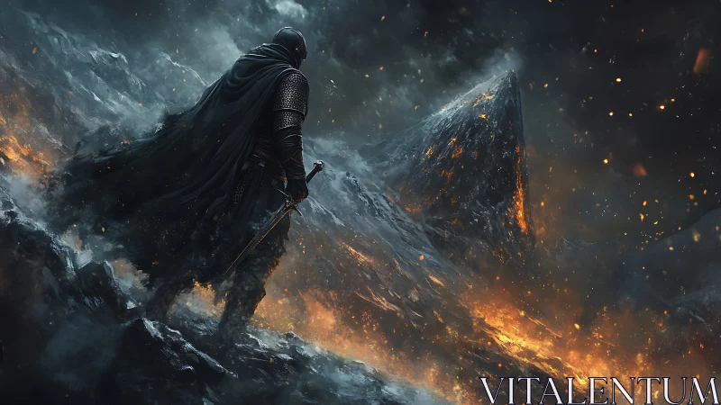 Armored warrior observes burning volcanic peak at night