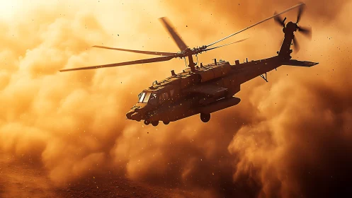 Helicopter slicing through a storm of desert light and dust.