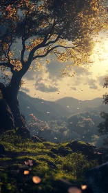 Sunlit hillside tree catching glittering petals on the wind.