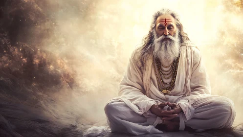 Enlightened sage in cosmic meditation rendered as digital painting