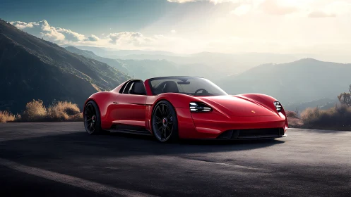 Low-slung red electric roadster framed by sunlit mountain pass.