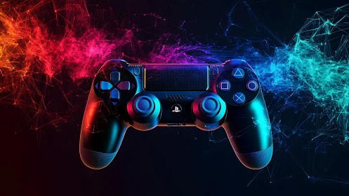 PlayStation-style game controller centered with neon data streams