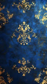 Baroque damask ornament in metallic gold over textured cobalt ground