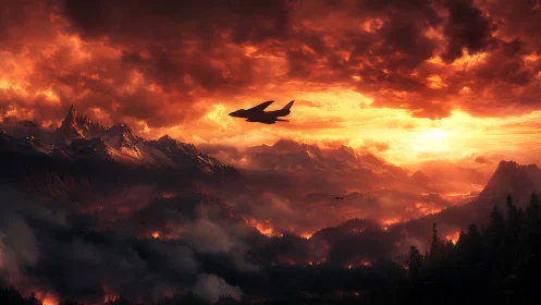 Silhouetted aircraft above burning landscape at dramatic sunset.