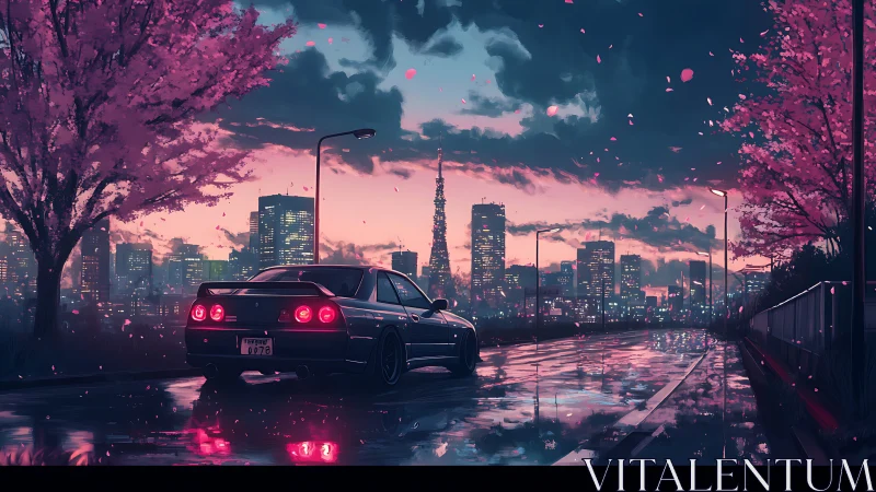 Digital painting of skyline boulevard with cherry blossoms at dusk.