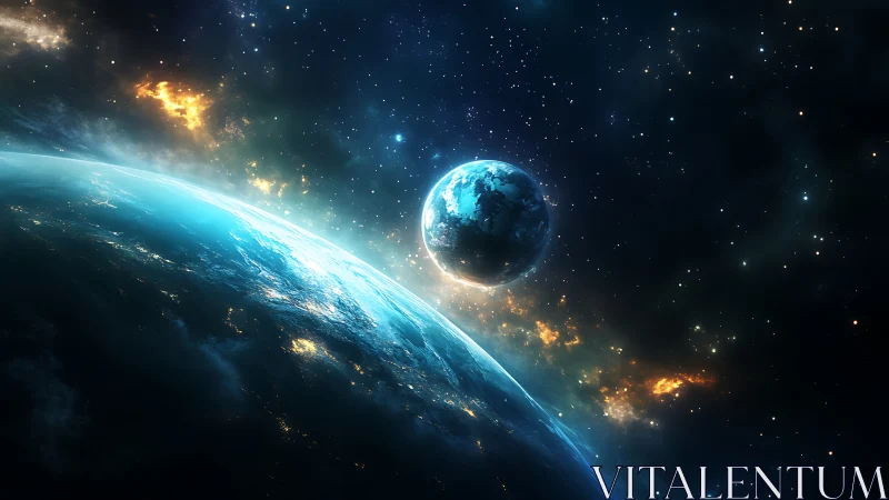 Gentle blue worlds drifting together in a glowing galaxy.