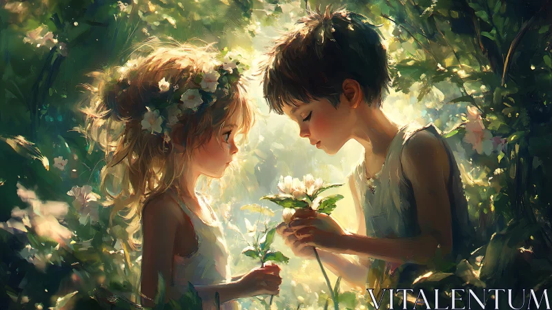 Two Children Share Flowers in Enchanted Garden Light