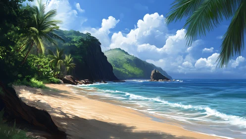 Tropical Coastline with Palm Framed Beach and Verdant Cliffs.