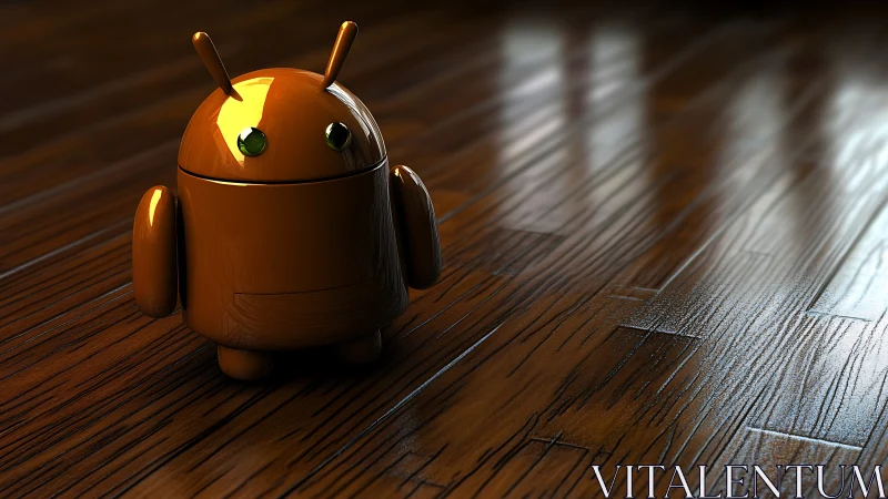 Shiny toy robot resting on a warmly polished wood floor.