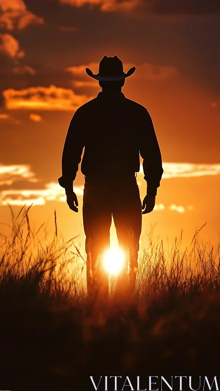 Silhouette of cowboy in grassland against sunset sky.