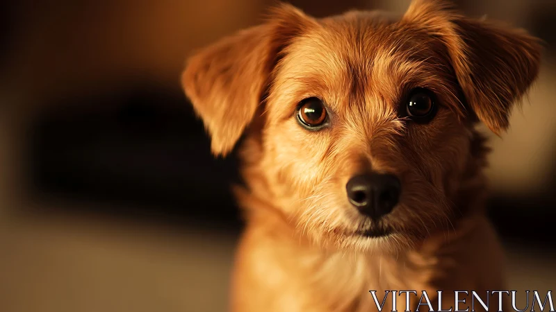Warm side-lit close-up portrait of small brown dog in shallow focus