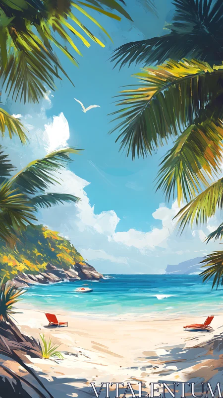 Tropical beach scene depicting seaside landscape with palm fronds and loungers.