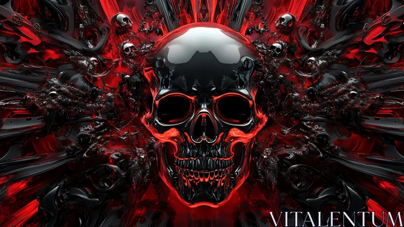 Chrome skull erupting through molten red abstract void.