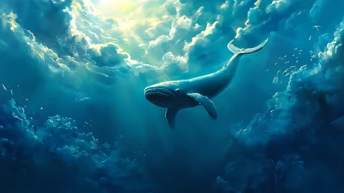 Majestic blue whale glides beneath radiant ocean light.