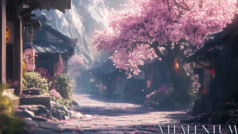 Cherry blossom tree dominates quiet traditional street scene.