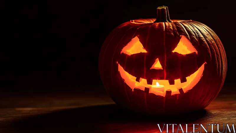Glowing jack o lantern with carved grin on dark table.