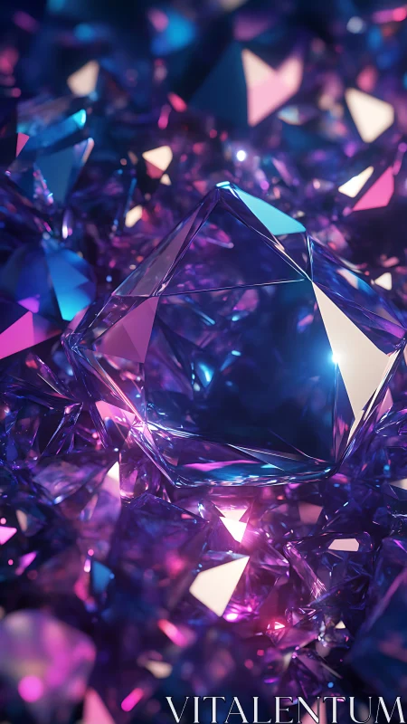 Iridescent crystal cluster rendered in neon bokeh lighting field