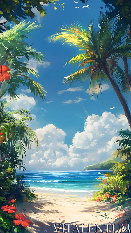 Tropical Paradise Beach Framed by Palm Trees.